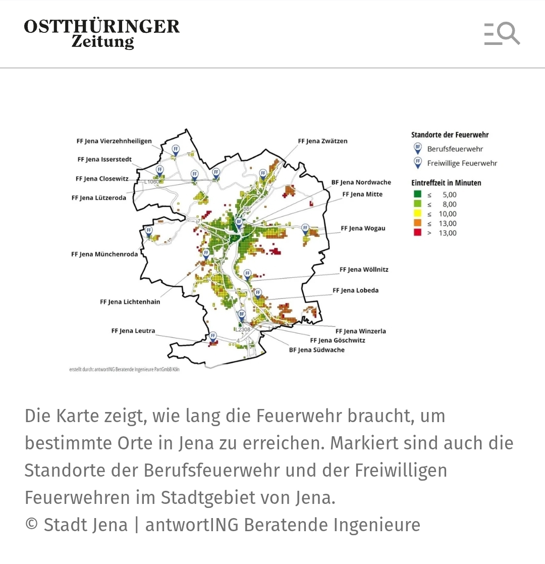 Eintreffzeiten der Feuerwehren im Stadtgebiet von Jena. (c) Stadt Jena / antwortING / otz.