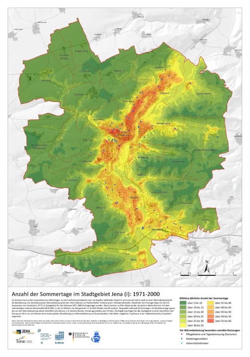 Durchschnittliche Anzahl der Sommertage (Höchsttemperatur über 25°C) pro Jahr in Jena. Map &copy; 2012 ThINK GmbH / Kurmutz et al.