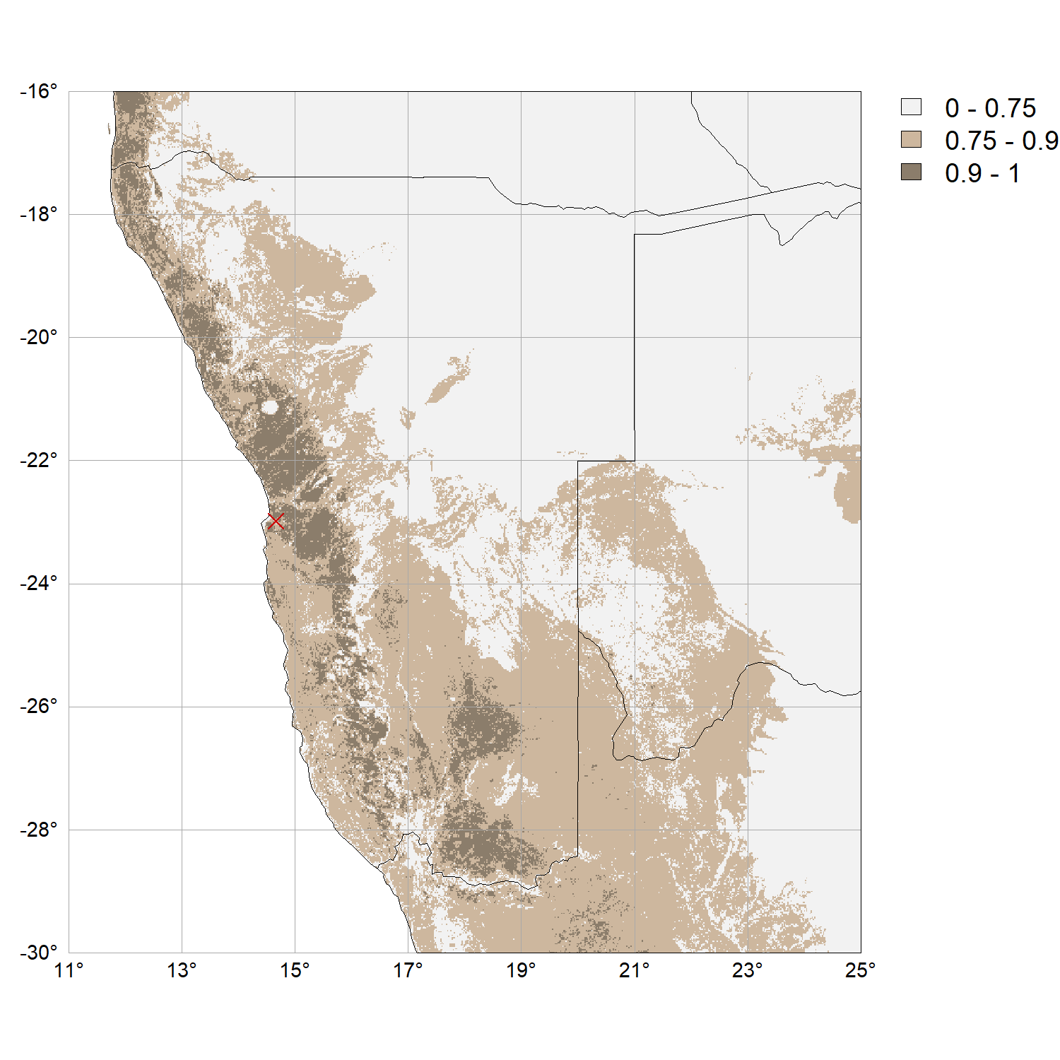 Potenzielle Verbreitung von Wüstenpflaster in Namibia. Quelle: Brenning et al. (2025).