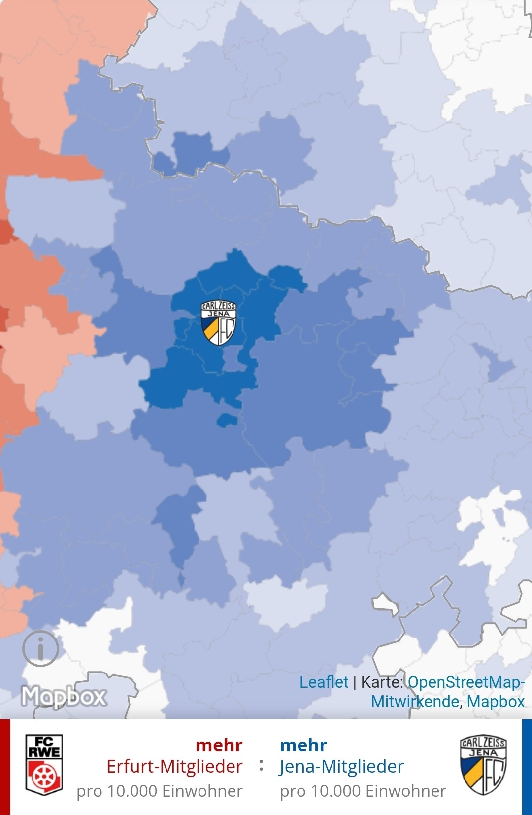 The catchment area of FC Carl Zeiss Jena based on the spatial distribution of its members. (c) Thüringer Allgemeine.