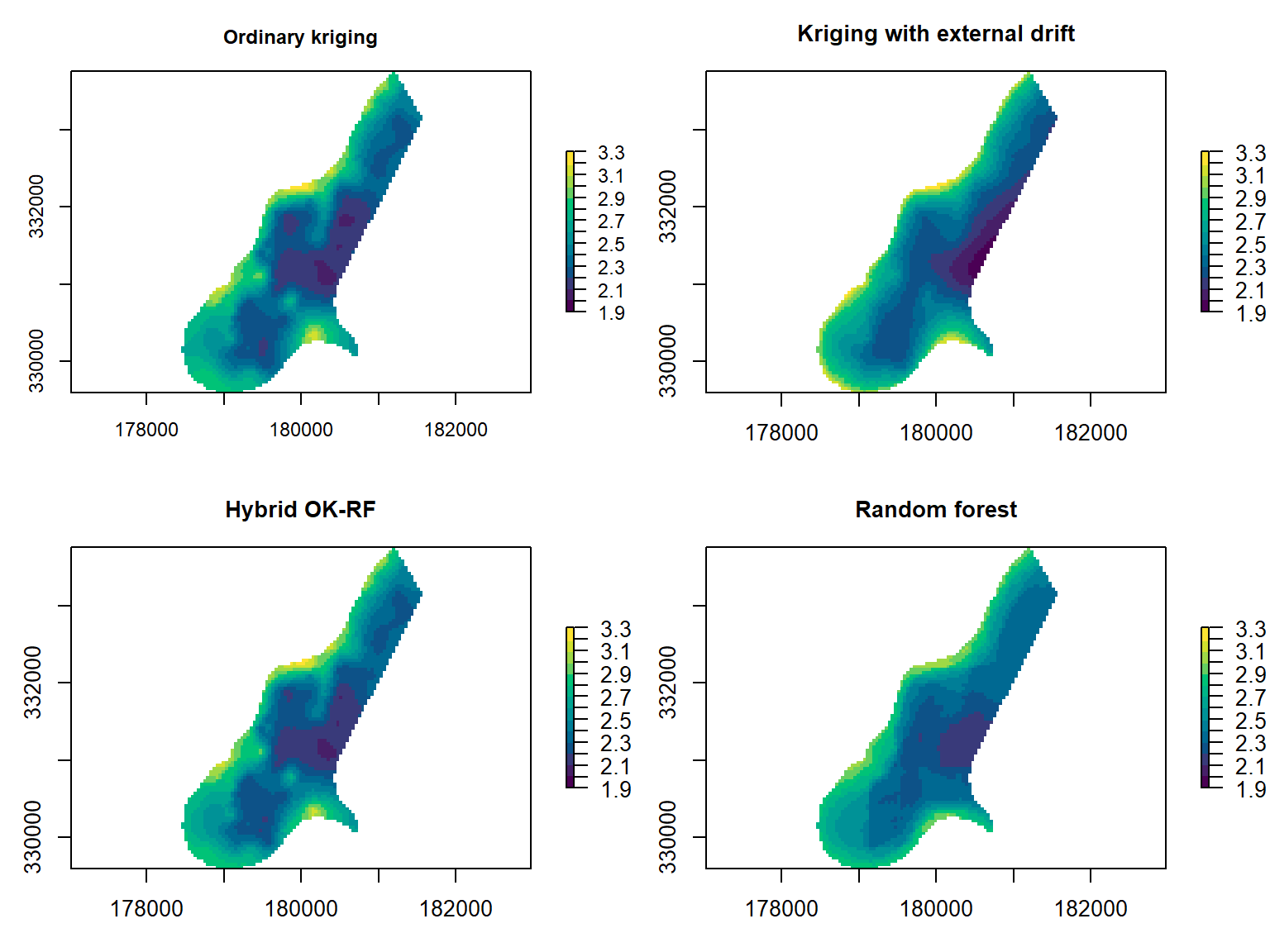 Spatial prediction maps of ordinary kriging (OK), kriging with external drift (KED), random forest (RF), and a hybrid OK--RF method.