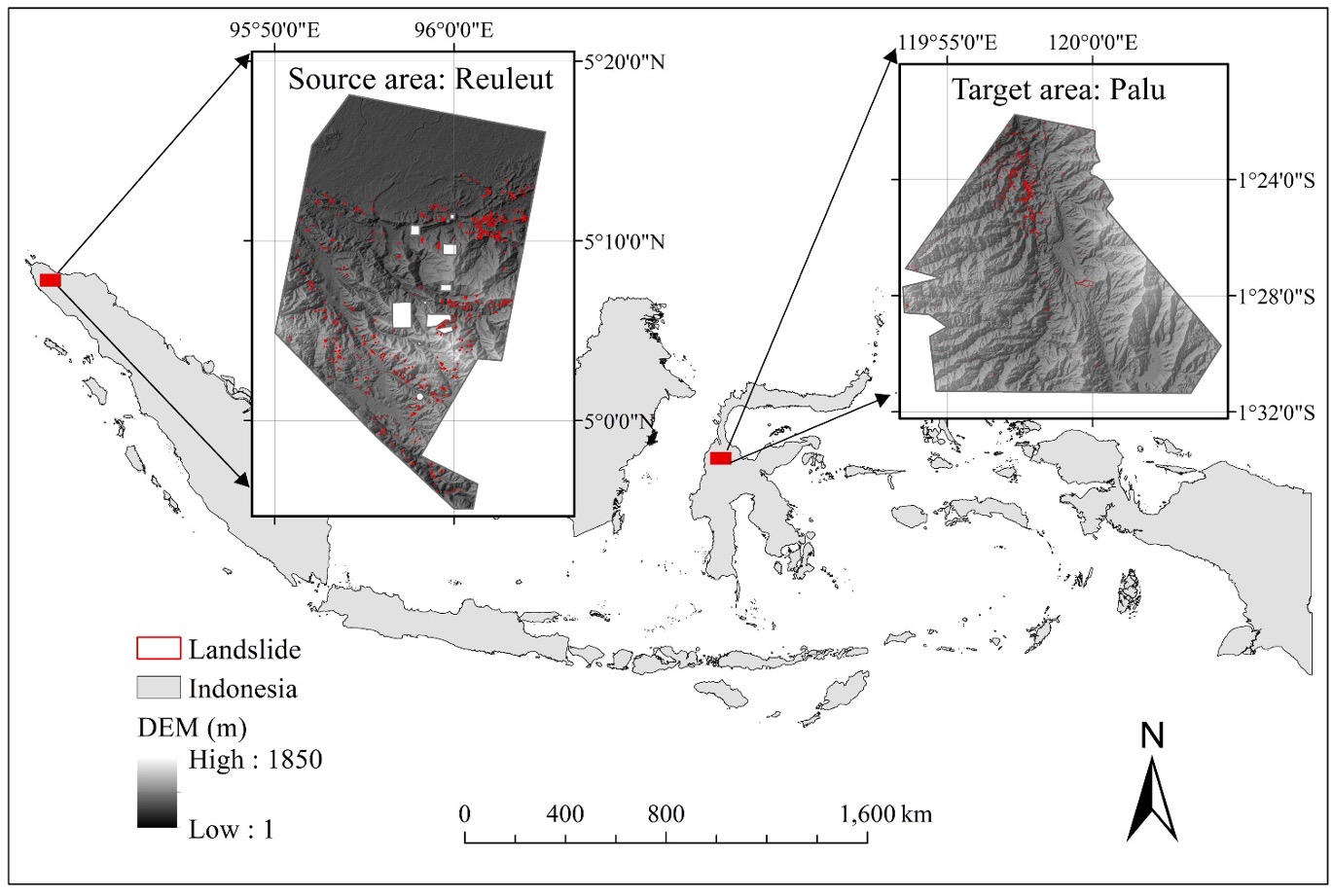 Locations of the study areas in Indonesia and their landslide inventories.