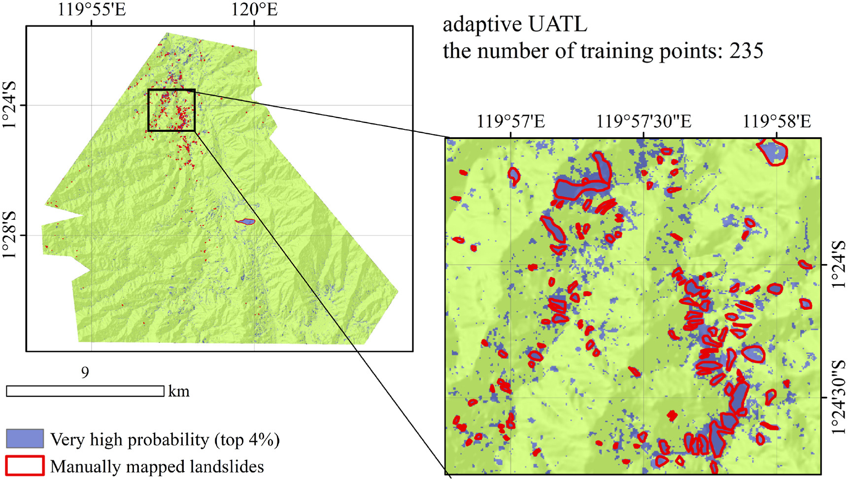 Landslide map showing only predictions in the “very high” category as mapped landslides. The map is based on adaptive UATL with 235 training points.